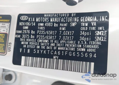 2015 Kia Sorento Lx из США, поврежденный, VIN 5XYKTCA61FG655694